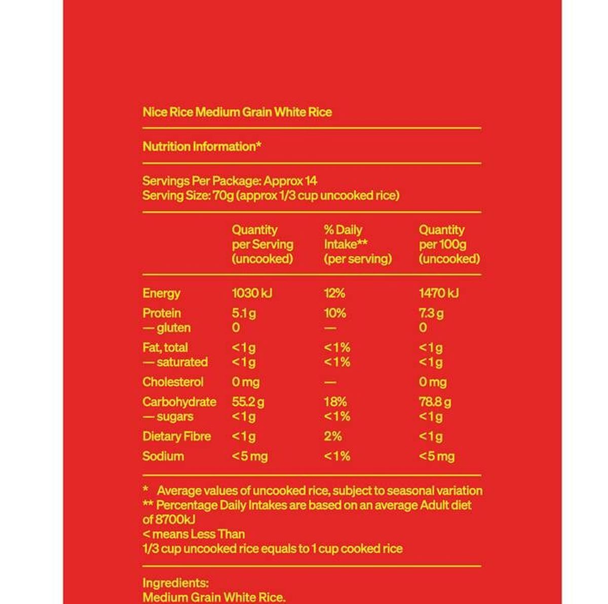 Pack photograph of Nice Rice Medium Grain  Rice 1kg showing the printed nutrition panel