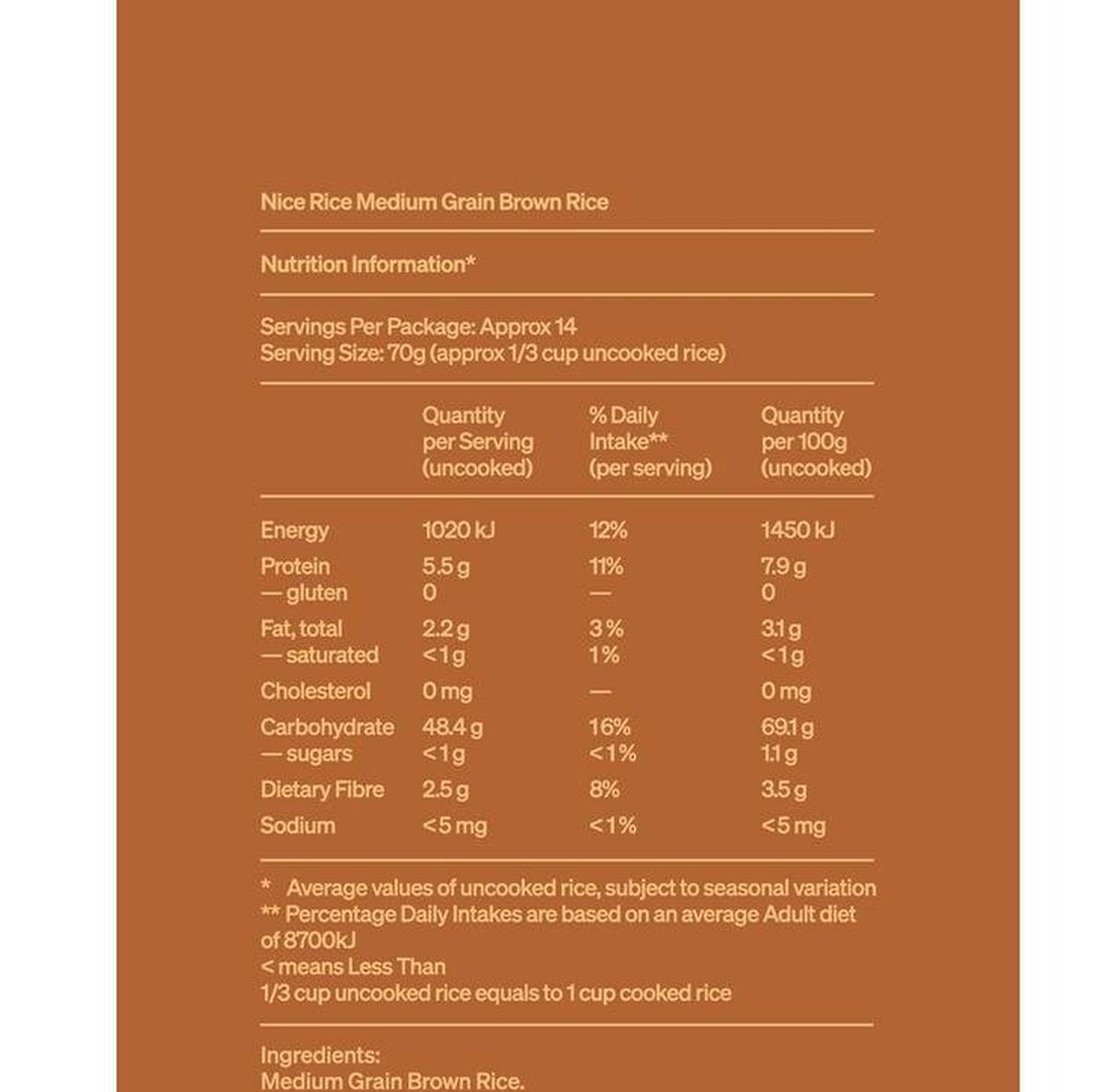 Pack photograph of Nice Rice Medium Grain Brown Rice 1kg showing the printed nutrition panel