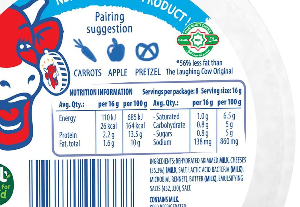 Pack photograph of The Laughing Cow Cheese Light Light 8 pack showing the printed nutrition panel