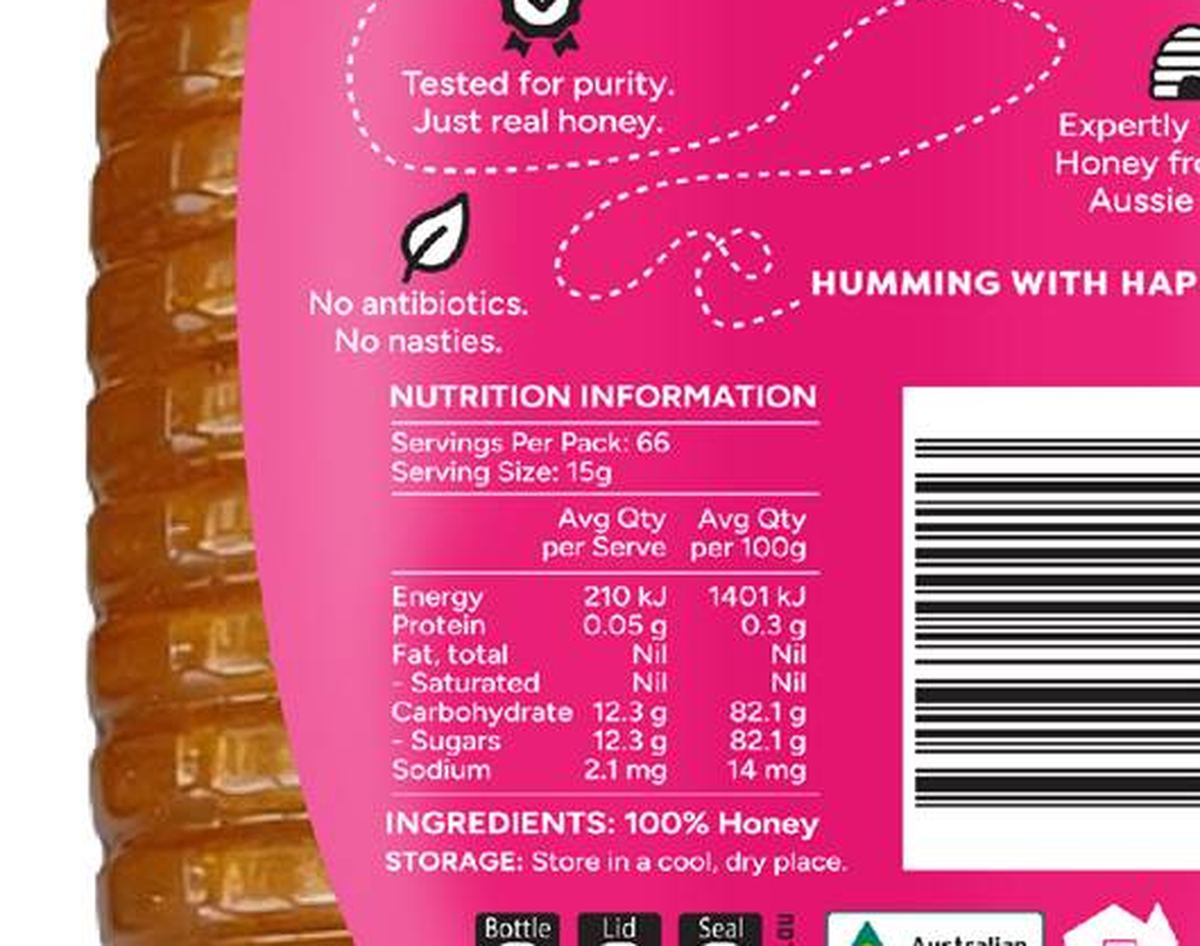 Pack photograph of Fuzzy Bum Australian Honey 1kg showing the printed nutrition panel