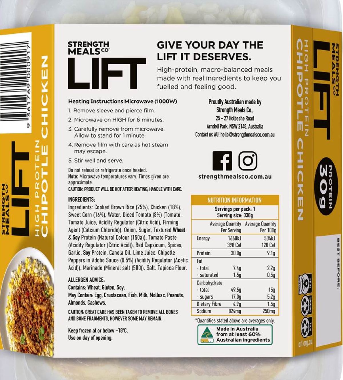 Pack photograph of Strength Meals Co Lift High Protein Chipotle Chicken 330g showing the printed nutrition panel