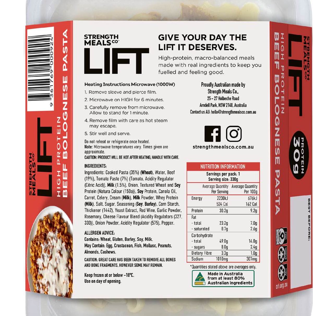 Pack photograph of Strength Meals Co Lift High Protein Beef Bolognese Pasta 330g showing the printed nutrition panel