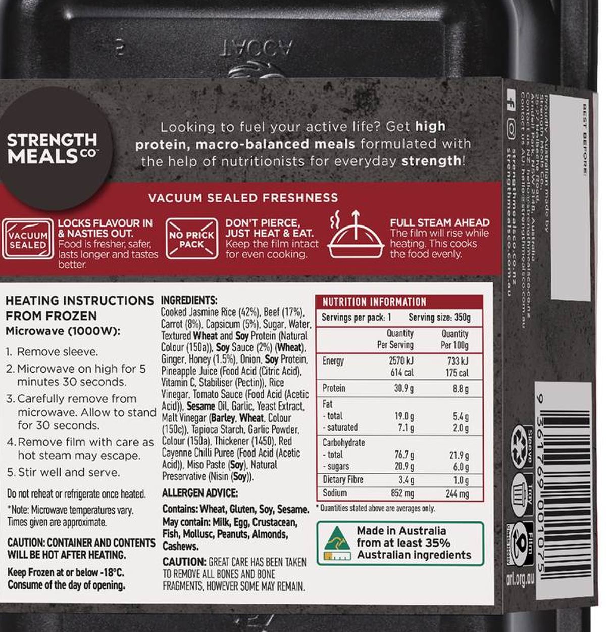 Pack photograph of Strength Meals Co Honey Soy Beef With Rice High Protein 350g showing the printed nutrition panel