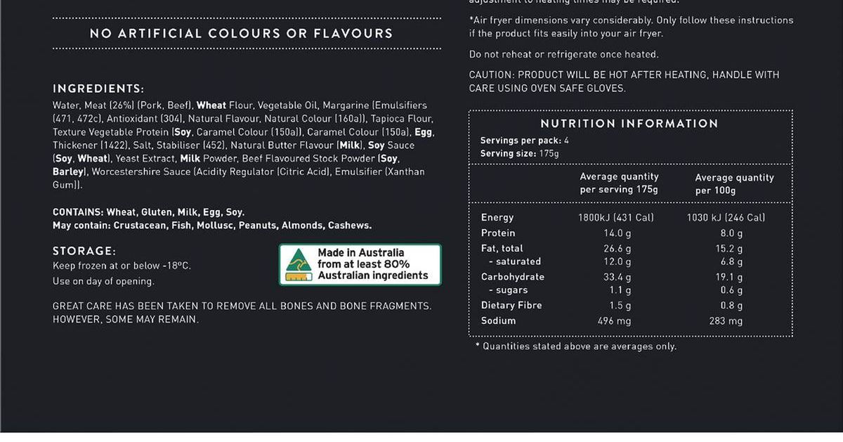 Pack photograph of Artisano Meat Pie 700g showing the printed nutrition panel
