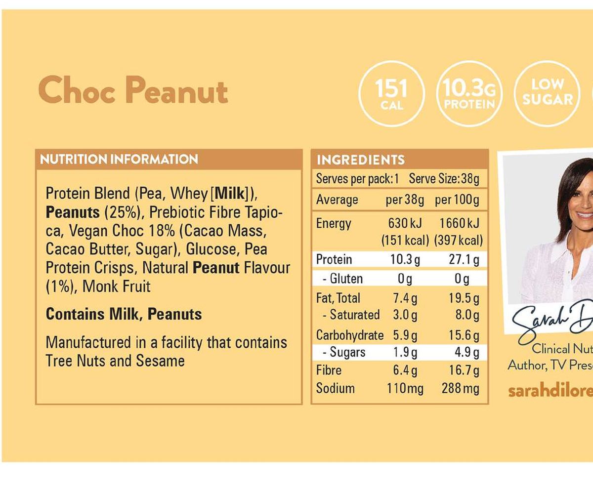 Pack photograph of Sarah Di Lorenzo 10:10 High Protein Low Sugar Bar Peanut 38g showing the printed nutrition panel
