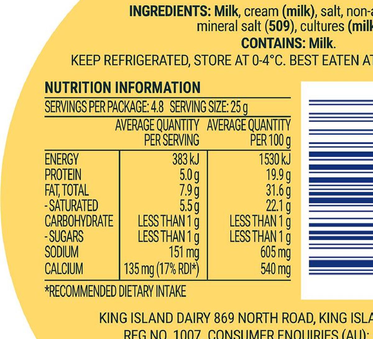 Pack photograph of King Island Double Brie 120g showing the printed nutrition panel