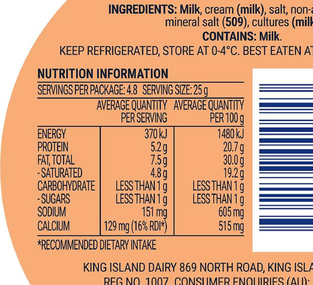 Pack photograph of King Island Camembert 120g showing the printed nutrition panel