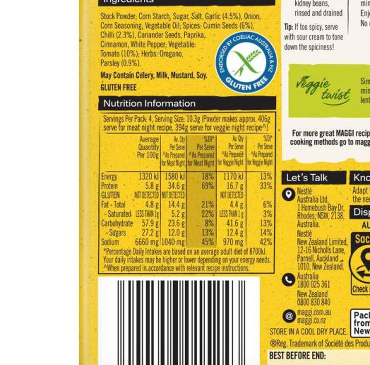 Pack photograph of Maggi Recipe Base Chilli Con Carne 41g showing the printed nutrition panel