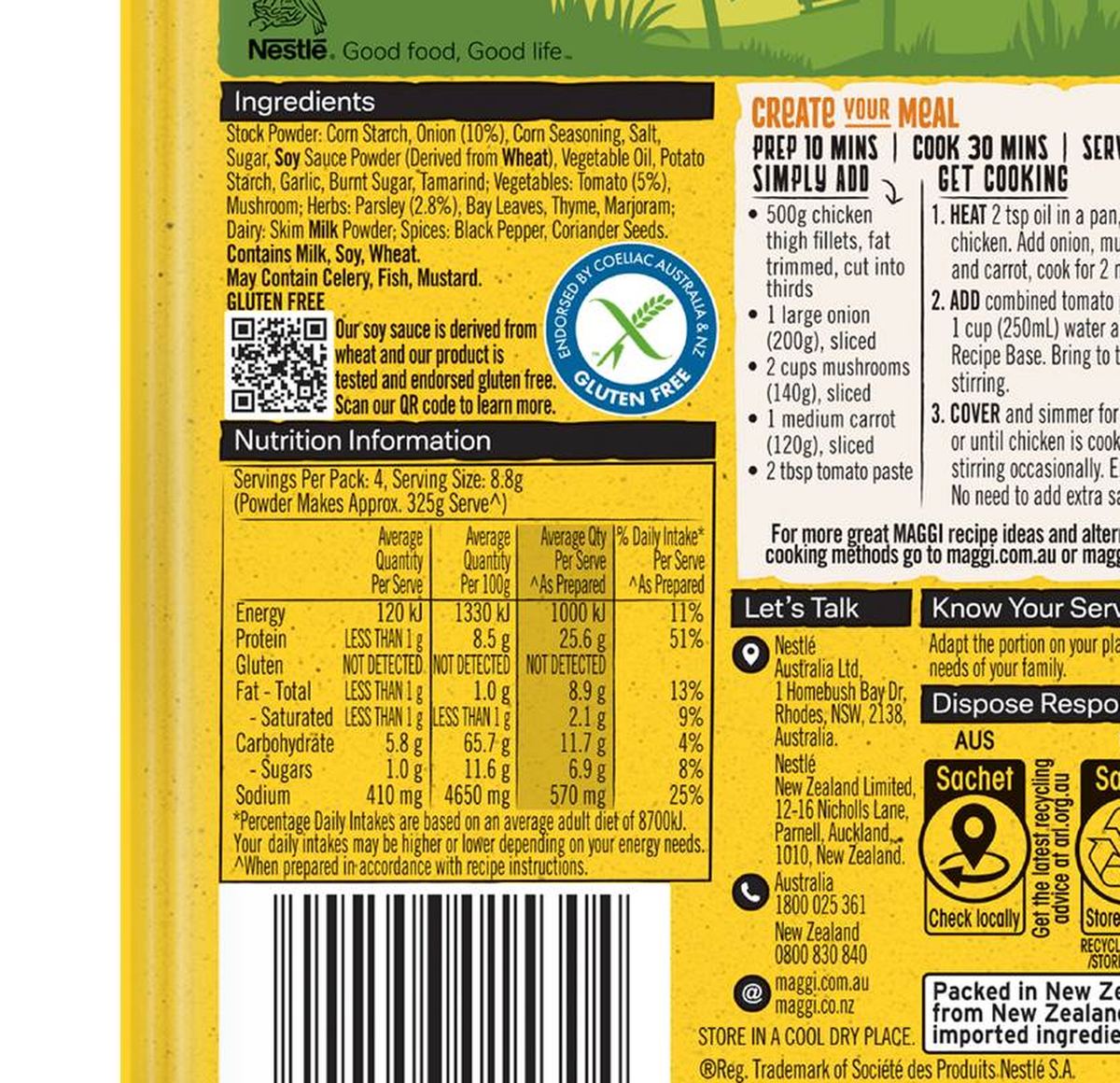 Pack photograph of Maggi Dry Recipe Bases Chicken Chasseur 35g showing the printed nutrition panel