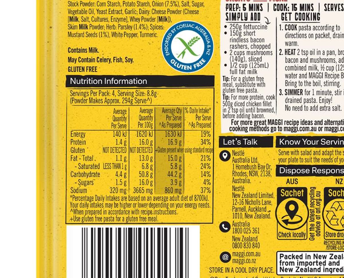 Pack photograph of Maggi Dry Recipe Bases Creamy Carbonara 35g showing the printed nutrition panel