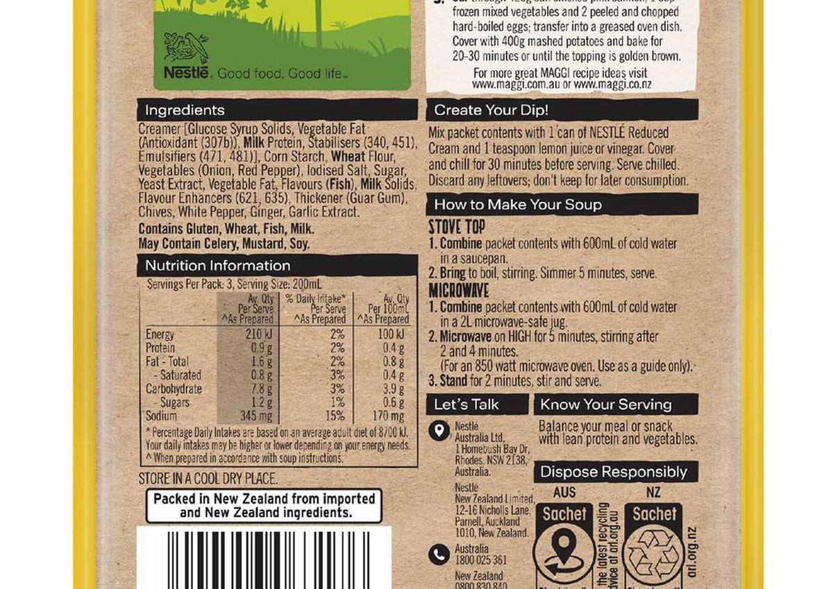 Pack photograph of Maggi Creamy Seafood Soup 37g showing the printed nutrition panel