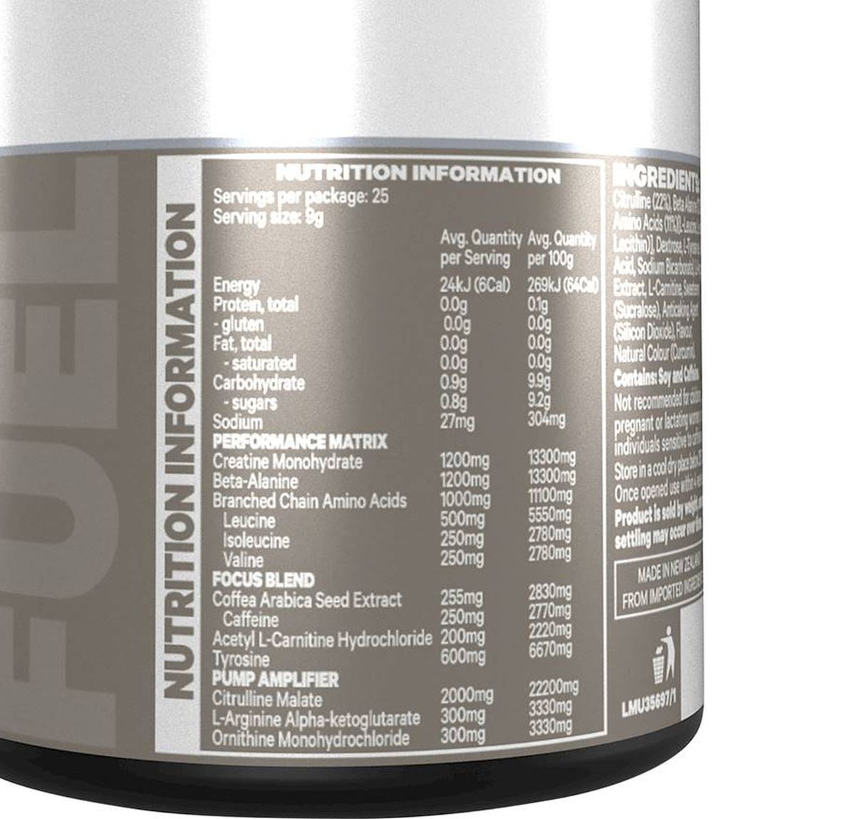 Pack photograph of Musashi Pre Workout Lemon Lime 225g showing the printed nutrition panel