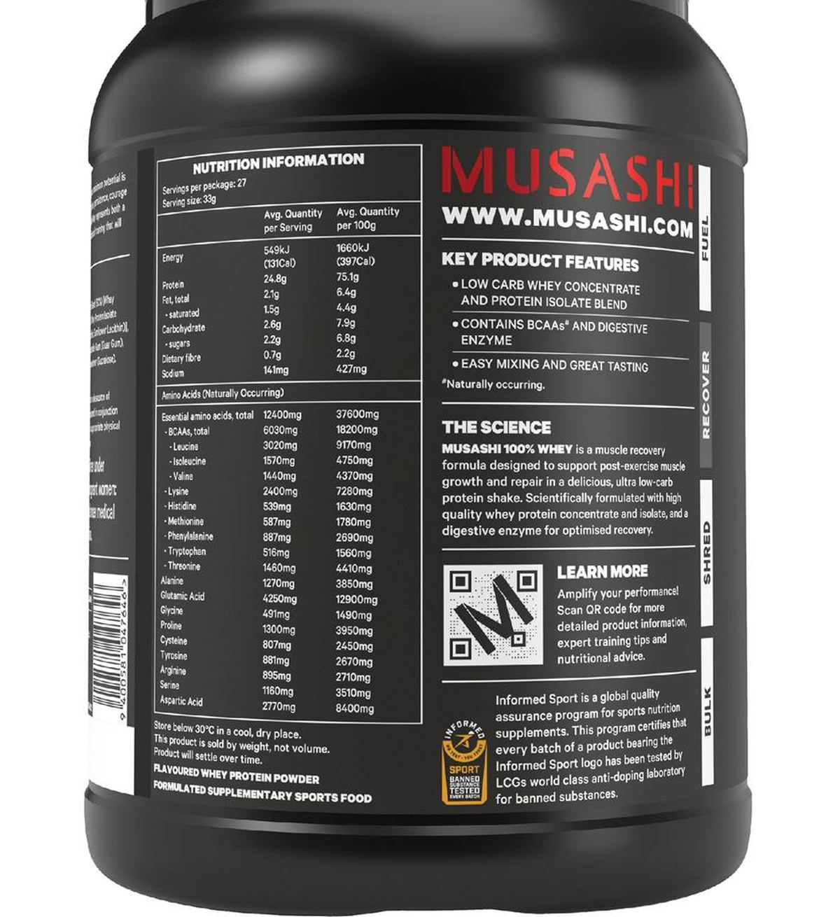 Pack photograph of Musashi 100% Whey Chocolate Milkshake Flavour 900g showing the printed nutrition panel