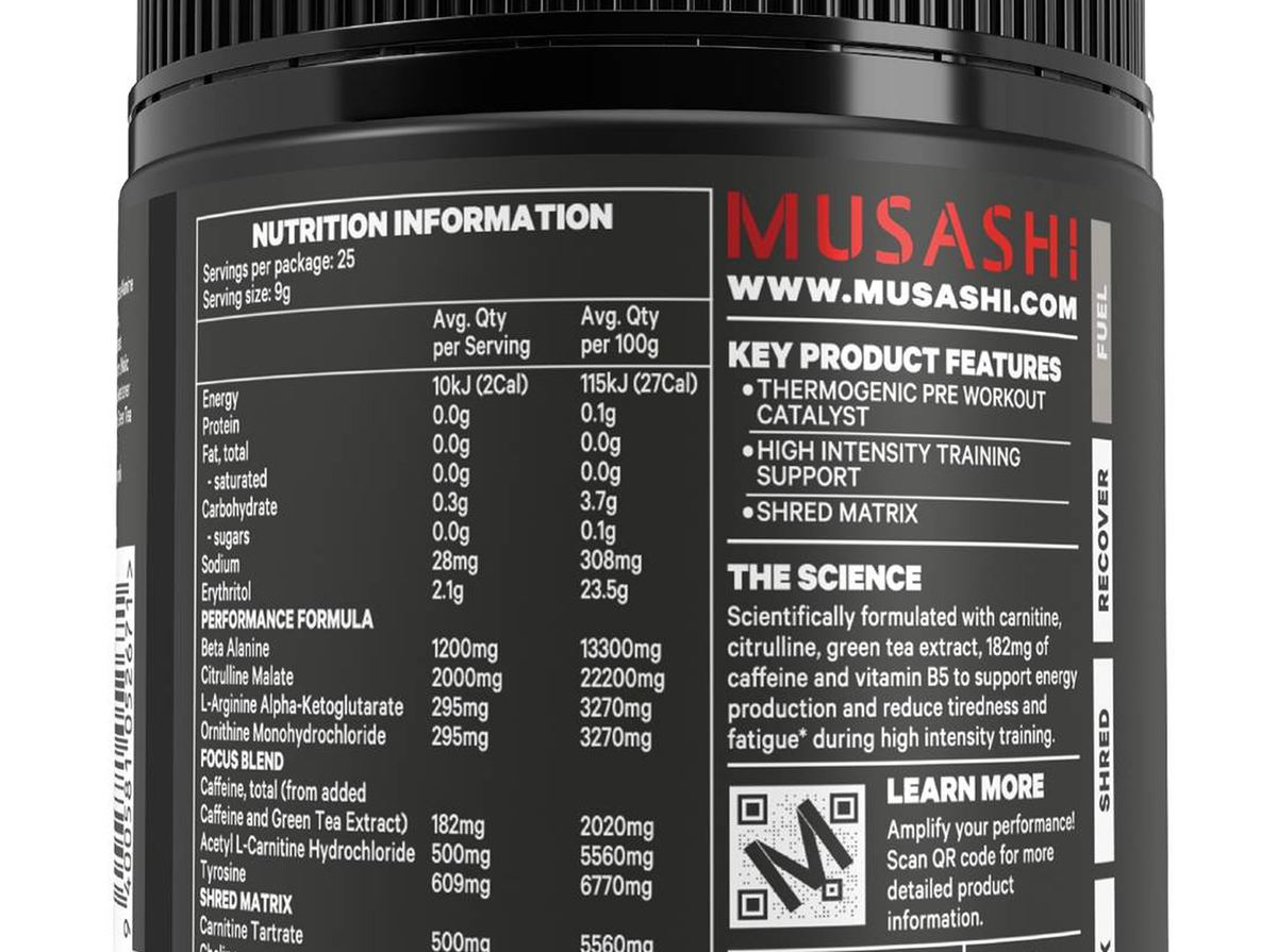Pack photograph of Musashi Pre Workout Shred Green Apple 225g showing the printed nutrition panel