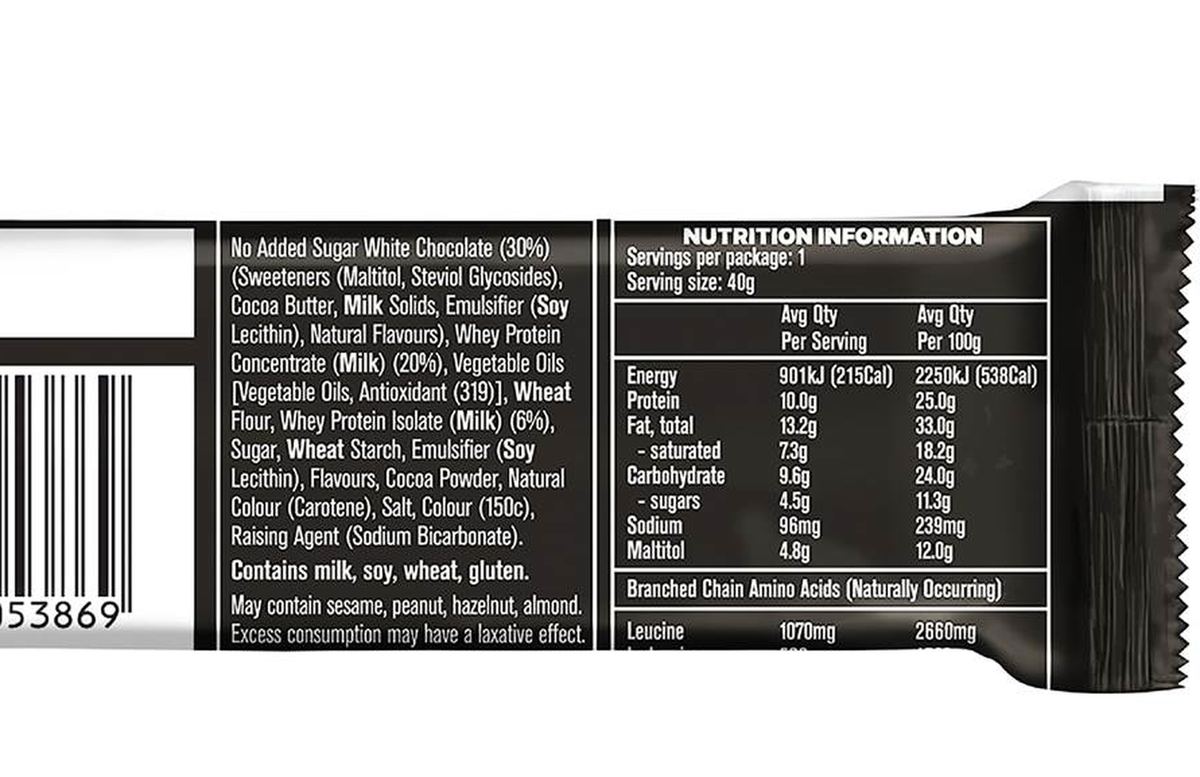 Pack photograph of Musashi Protein Wafer Bar White Choc Caramel 40g showing the printed nutrition panel