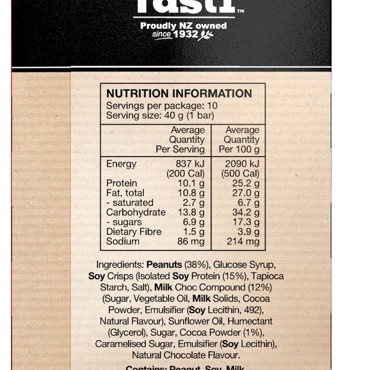 Pack photograph of Tasti Protein Bar Nutty Choc 10 pack showing the printed nutrition panel