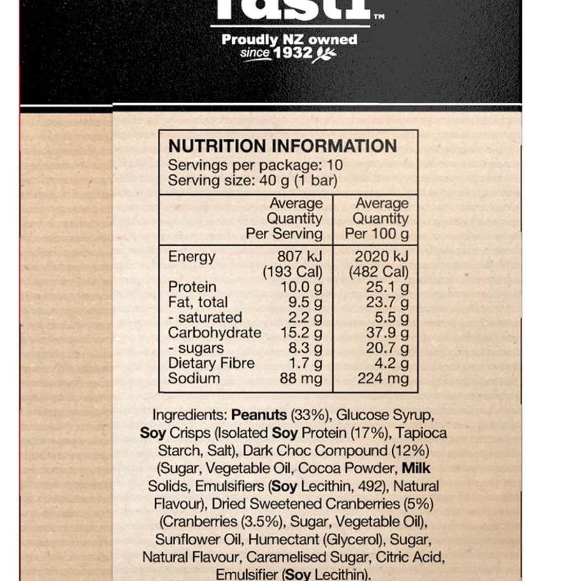 Pack photograph of Tasti Protein Bar Dark Choc Cranberry 10 pack showing the printed nutrition panel