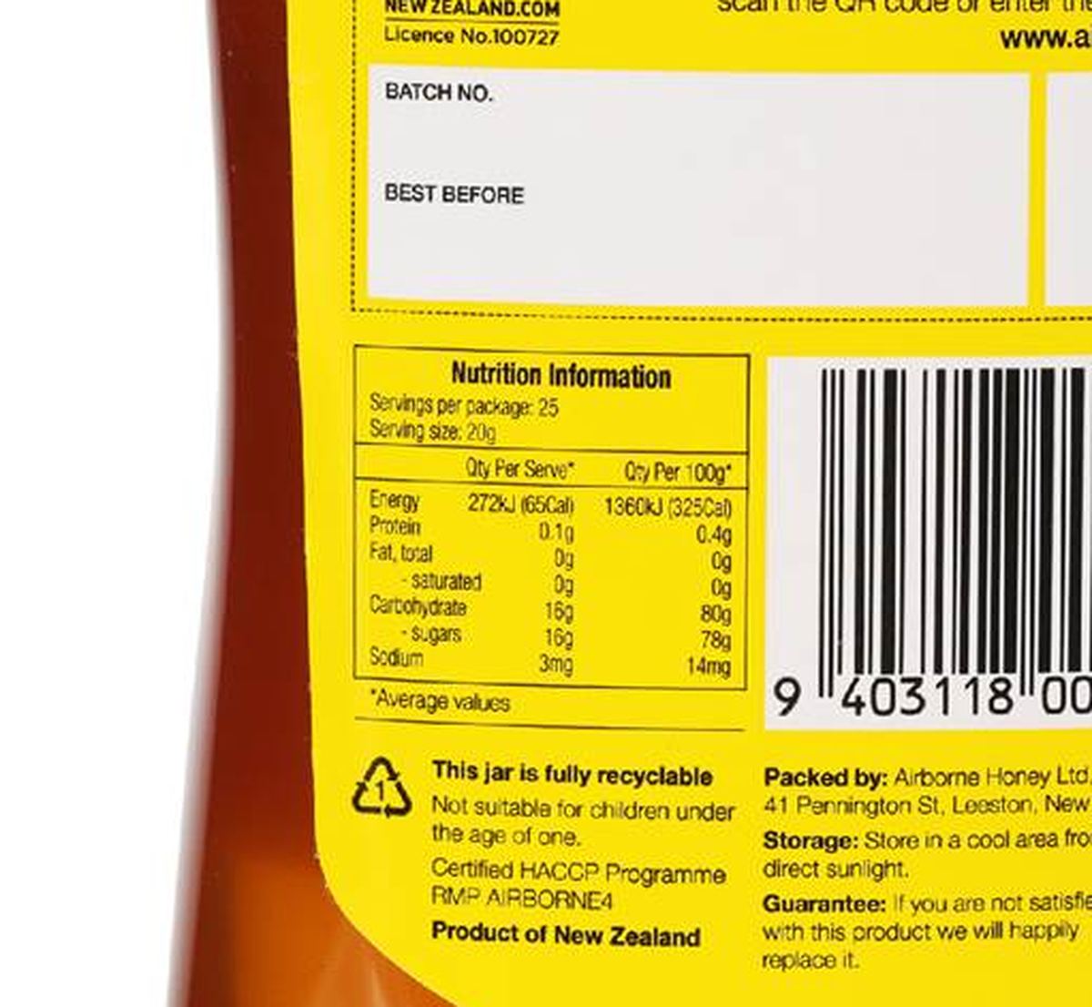 Pack photograph of Airborne Pure Honey Upside Down 500g showing the printed nutrition panel
