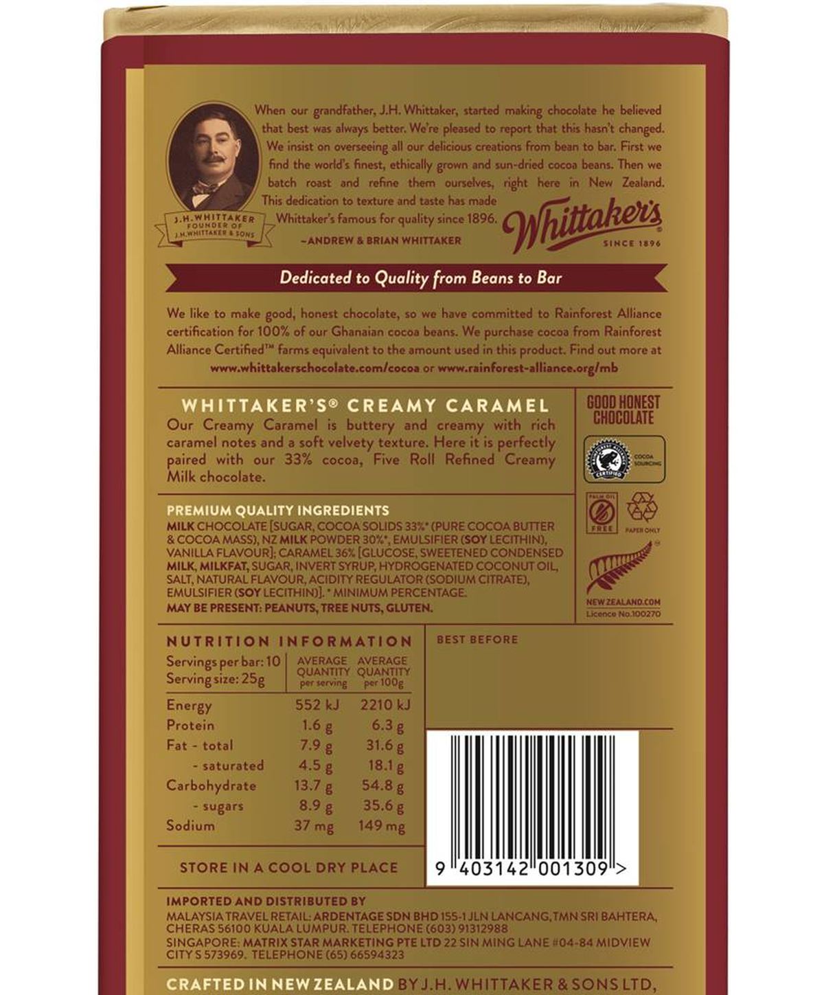 Pack photograph of Whittaker's Block Creamy Caramel 33% Cocoa 250g showing the printed nutrition panel