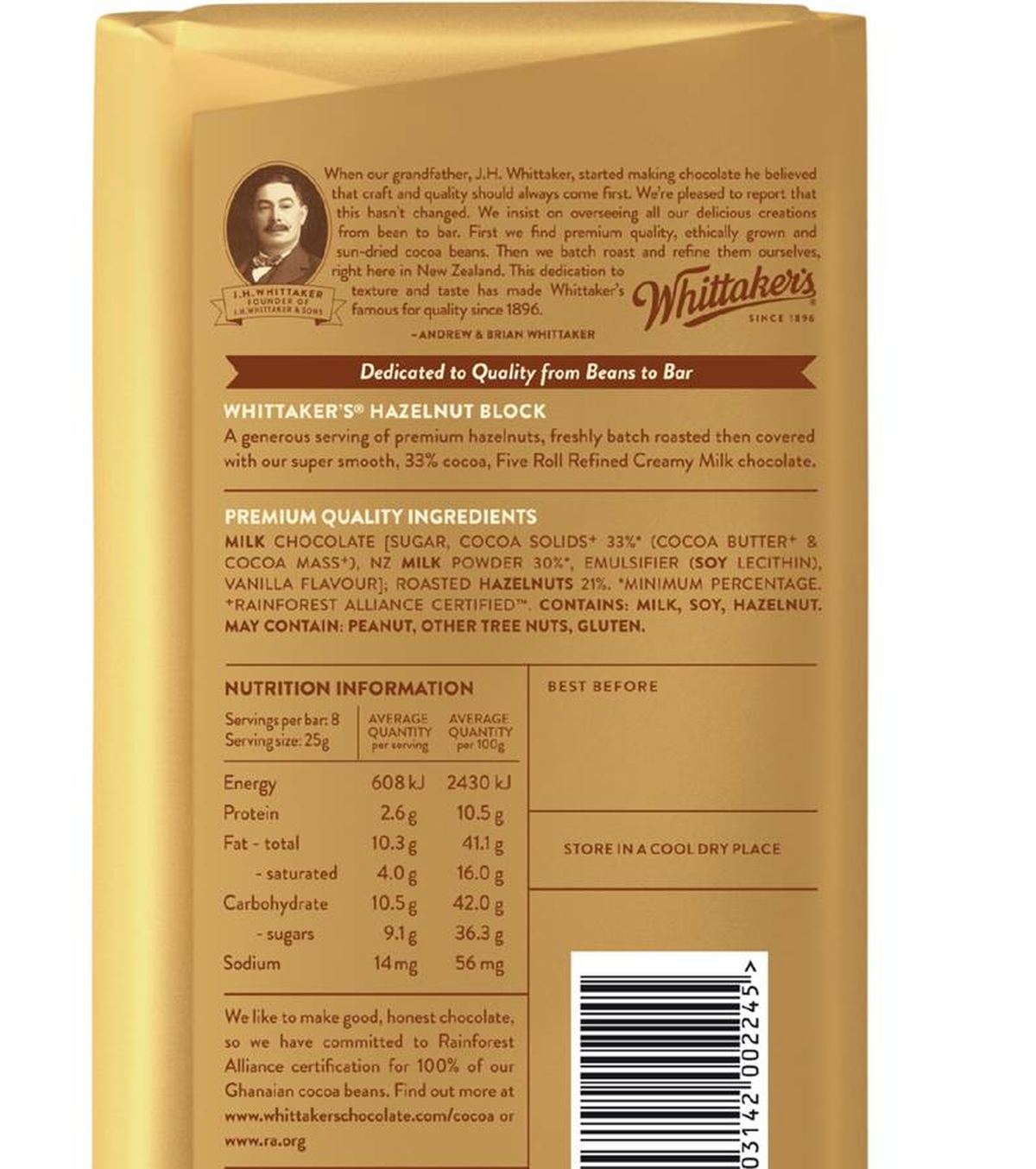 Pack photograph of Whittaker's Block Hazelnut 200g showing the printed nutrition panel