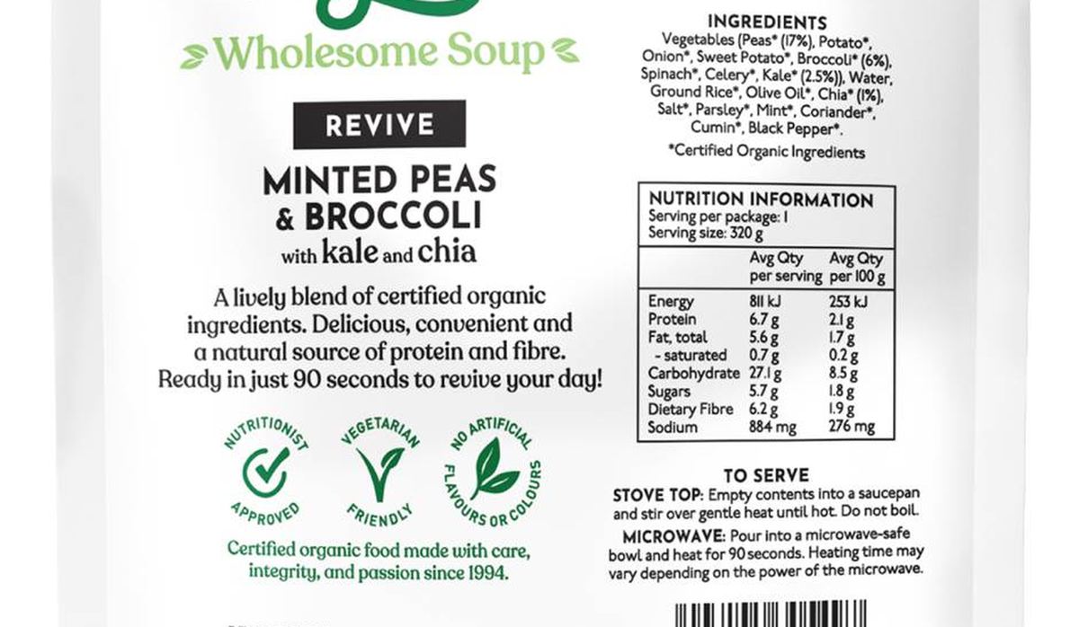 Pack photograph of Only Organic Revive Soup Minted Peas Broccoli Kale & Chia 320g showing the printed nutrition panel