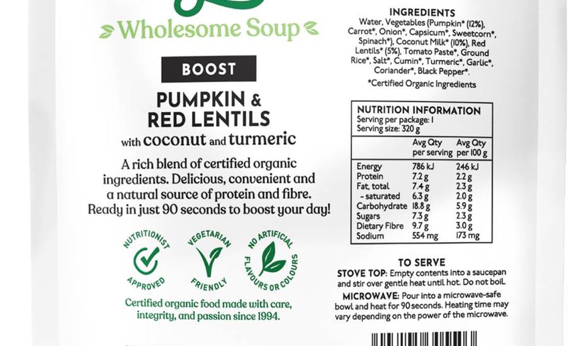 Pack photograph of Only Organic Boost Soup Pumpkin Red Lentils Coconut & Turmeric 320g showing the printed nutrition panel