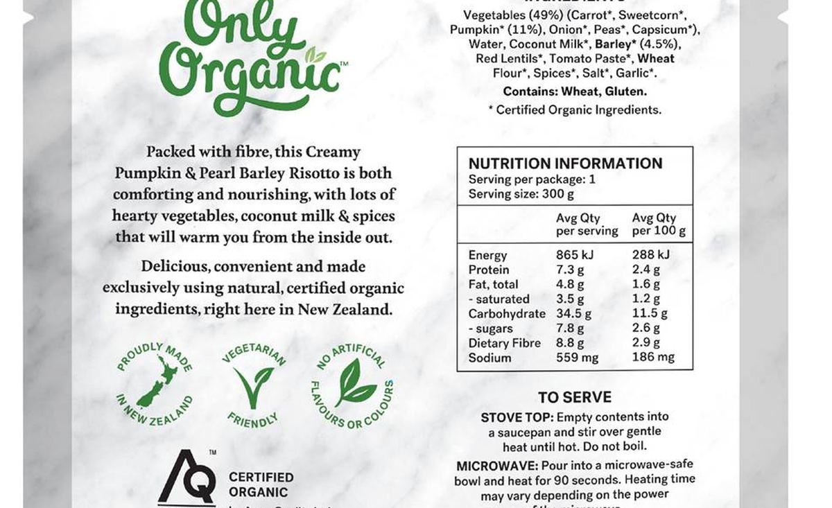 Pack photograph of Only Organic Nourishing Bowl Creamy Pumpkin & Pearl Barley Risotto 300g showing the printed nutrition panel