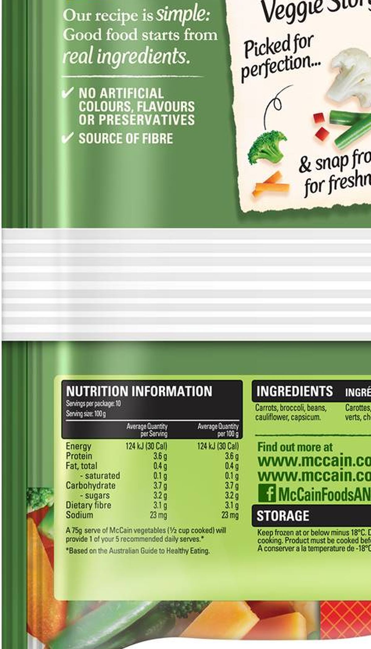 Pack photograph of McCain Frozen Seasonal Vegetable Mix 1kg showing the printed nutrition panel