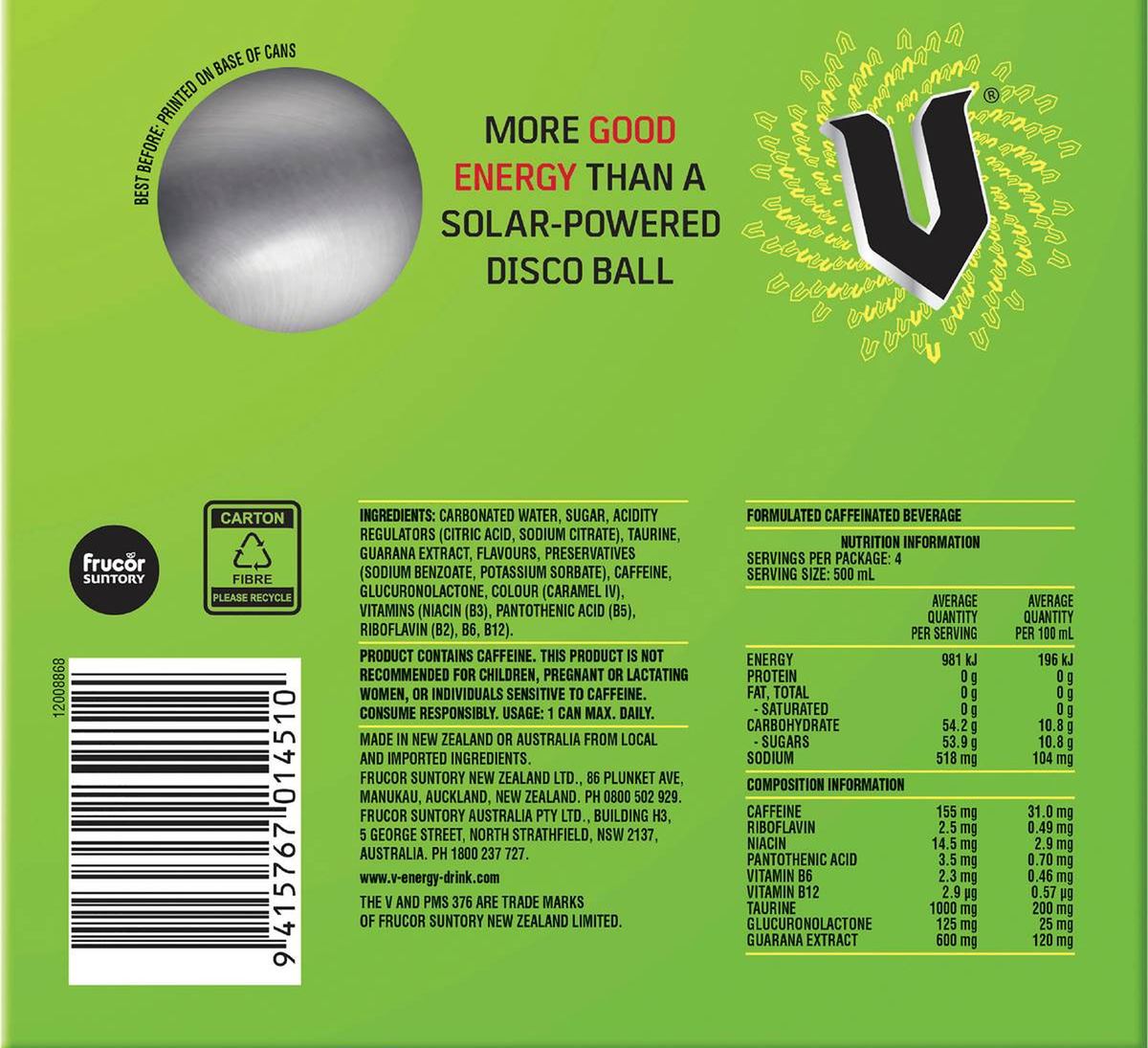 Pack photograph of V Energy Drink 500mL x 4 pack showing the printed nutrition panel
