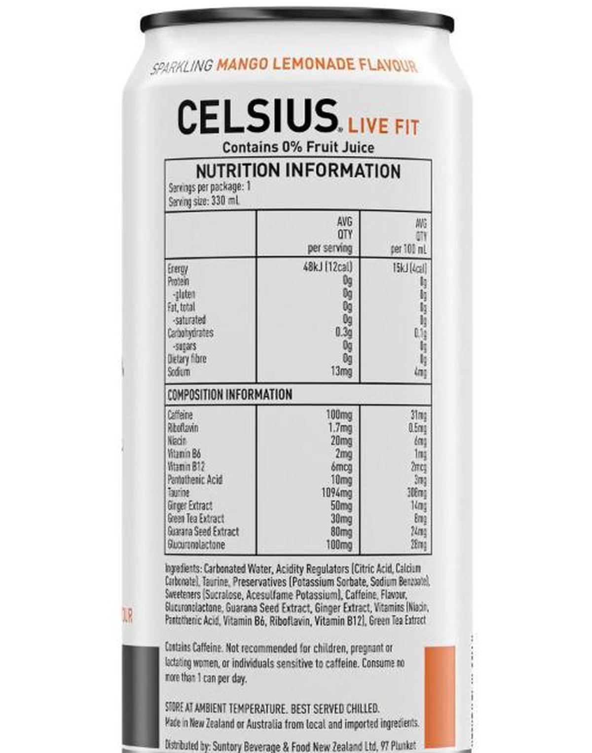 Pack photograph of Celsius Sparkling Energy Drink Mango Lemonade 300mL showing the printed nutrition panel
