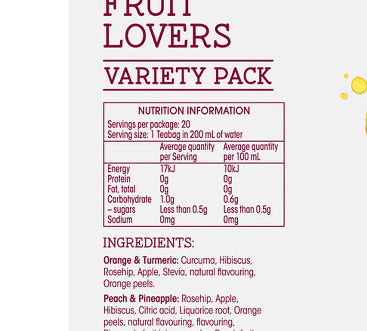 Pack photograph of Red Seal Variety Pack Hot Or Cold Brew Tea showing the printed nutrition panel