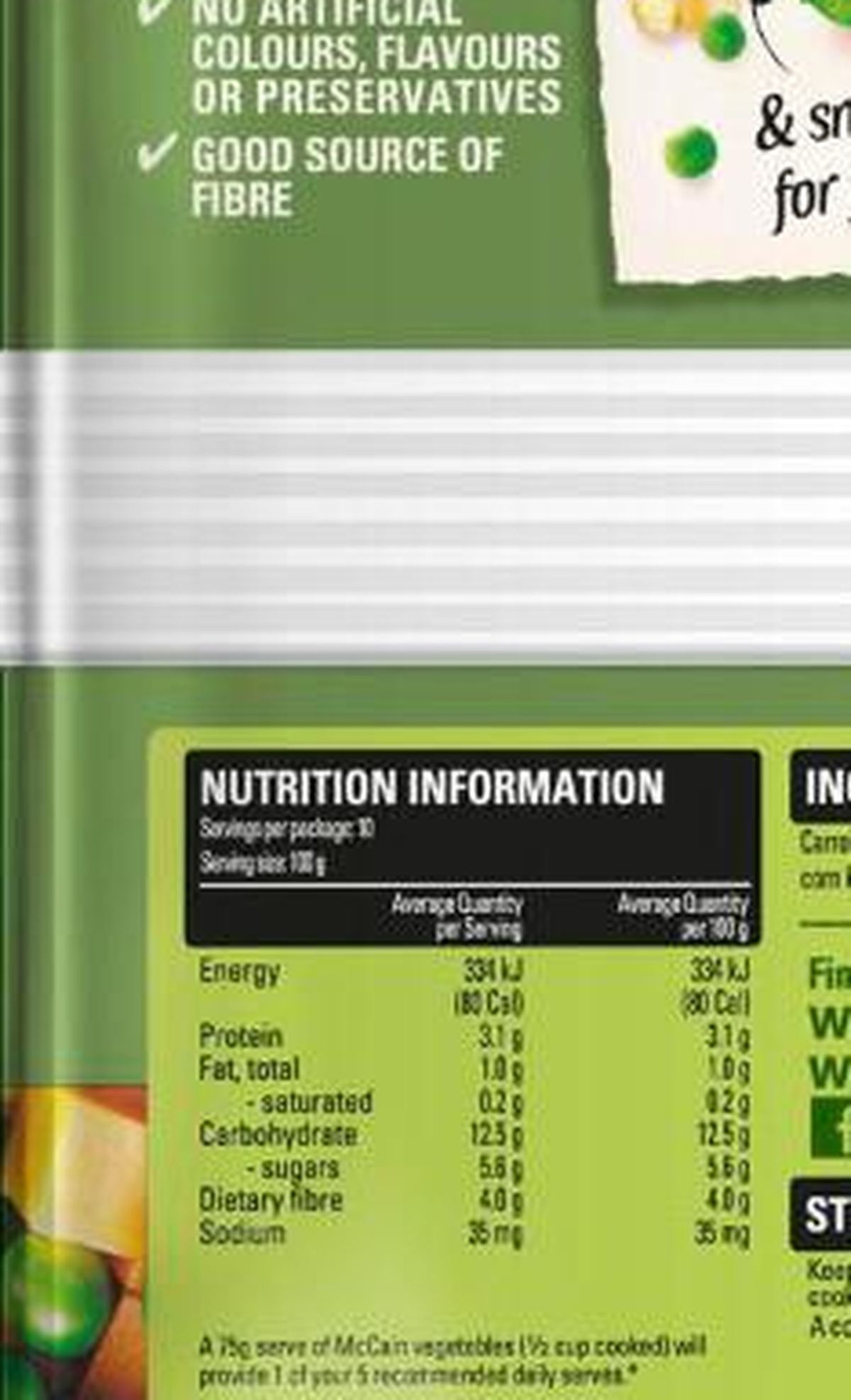 Pack photograph of McCain Mixed Vegetables Peas, Corn, Carrots showing the printed nutrition panel