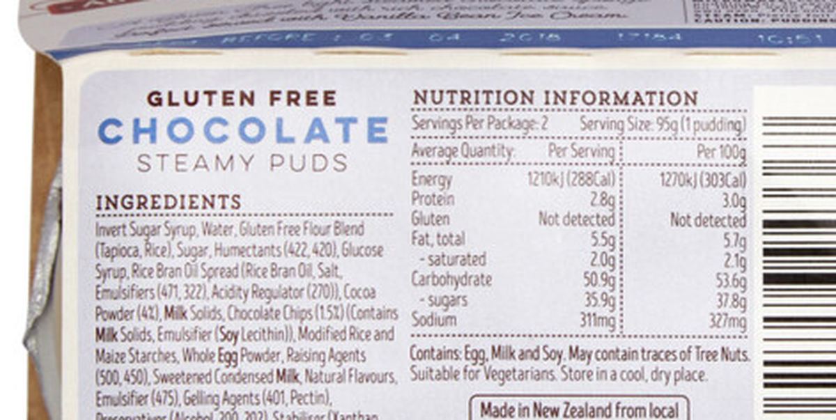 Pack photograph of Aunt Betty's Gluten Free Chocolate Pudding 2 Pack showing the printed nutrition panel