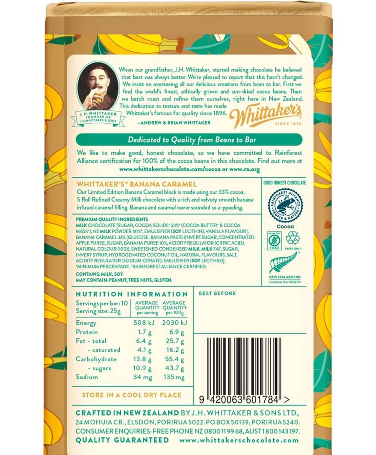 Pack photograph of Whittaker's Banana Caramel Chocolate Block 250g showing the printed nutrition panel