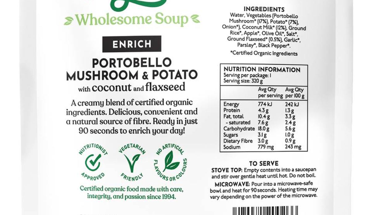 Pack photograph of Only Organic Enrich Soup Pouch Portobello Mushroom & Potato 320g showing the printed nutrition panel