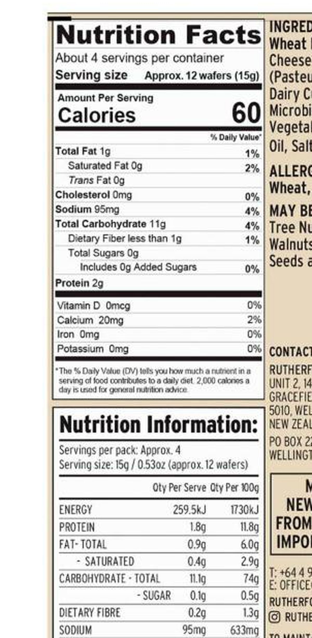 Pack photograph of Rutherford & Meyer Gourmet Cheese Wafers Natural showing the printed nutrition panel