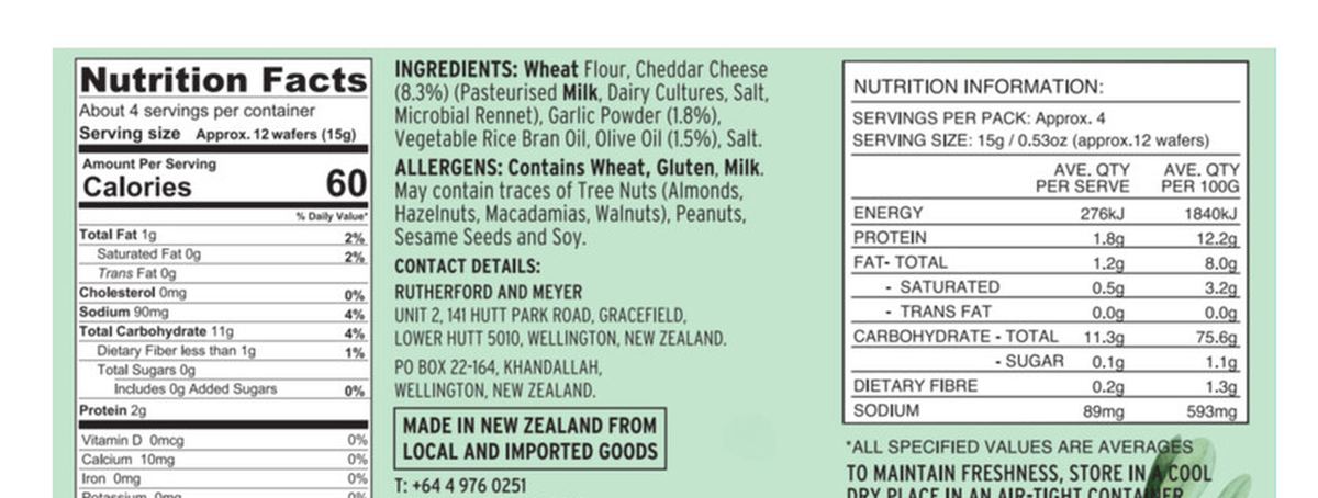Pack photograph of Rutherford & Meyer Gourmet Cheese Wafers Garlic & Olive Oil showing the printed nutrition panel