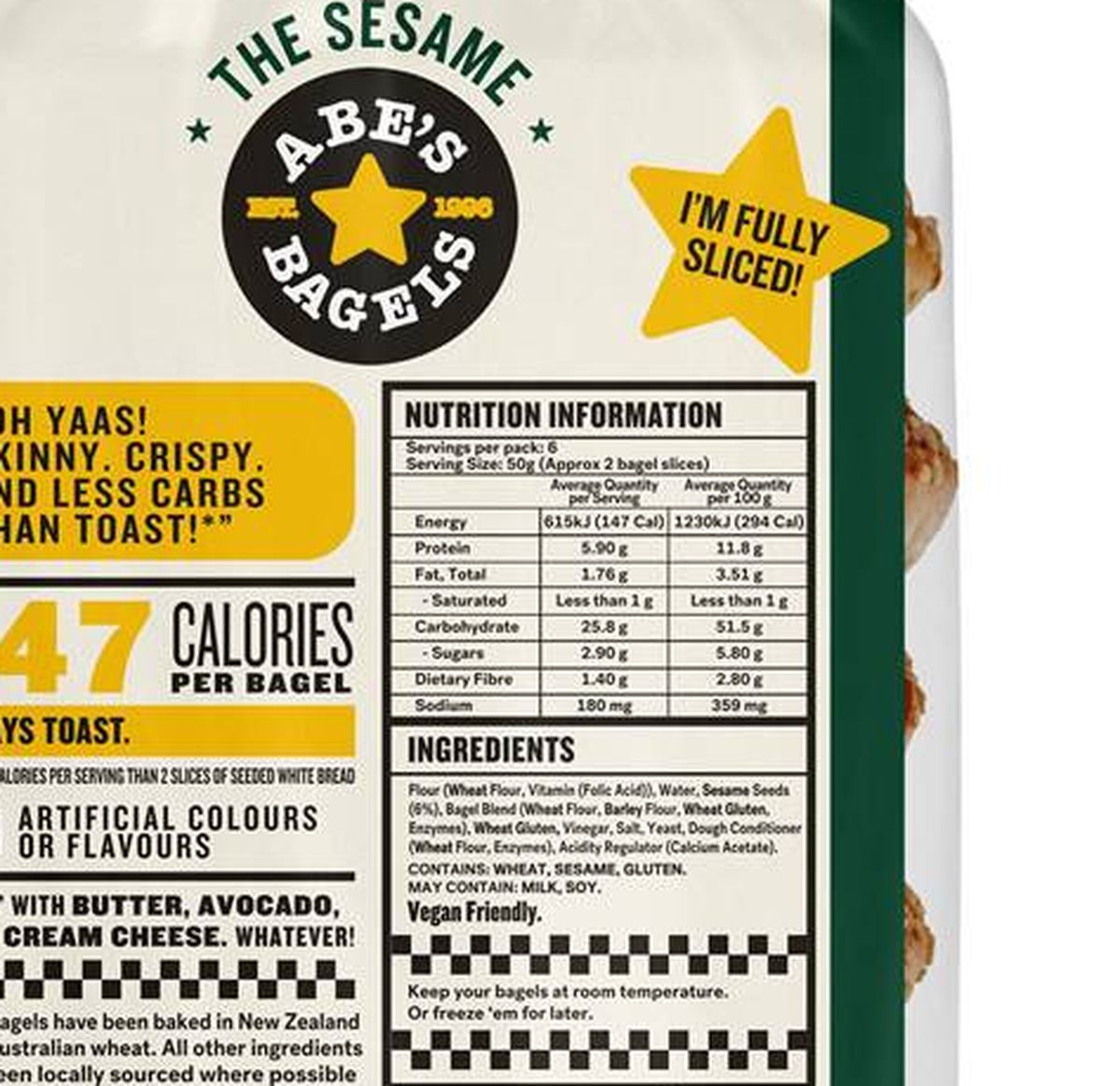 Pack photograph of Abe's Bagels Thins Sesame 6 pack showing the printed nutrition panel