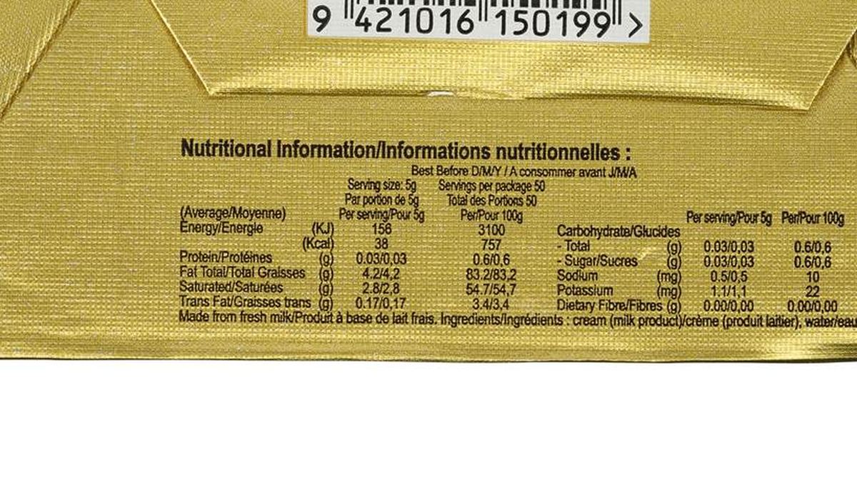 Pack photograph of Westgold Unsalted Butter Butter 250g showing the printed nutrition panel