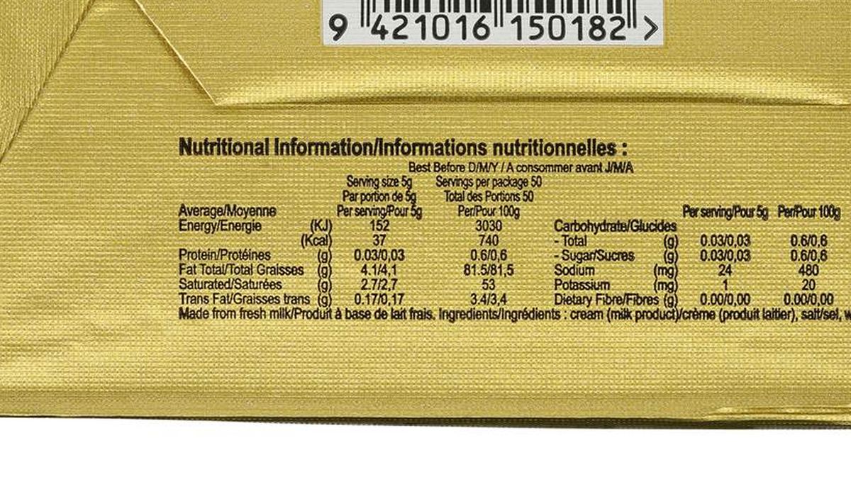 Pack photograph of Westgold Salted Butter Butter 250g showing the printed nutrition panel