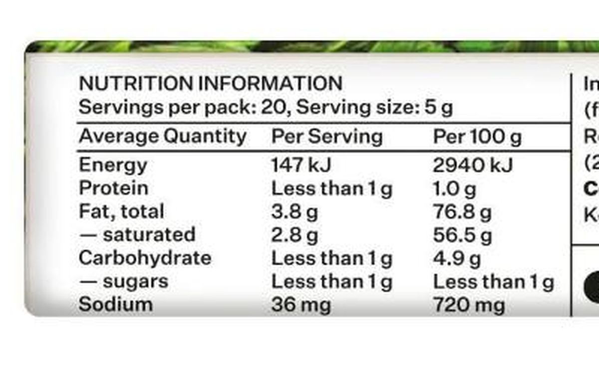 Pack photograph of Westgold Butter Infused Garlic & Parsley showing the printed nutrition panel