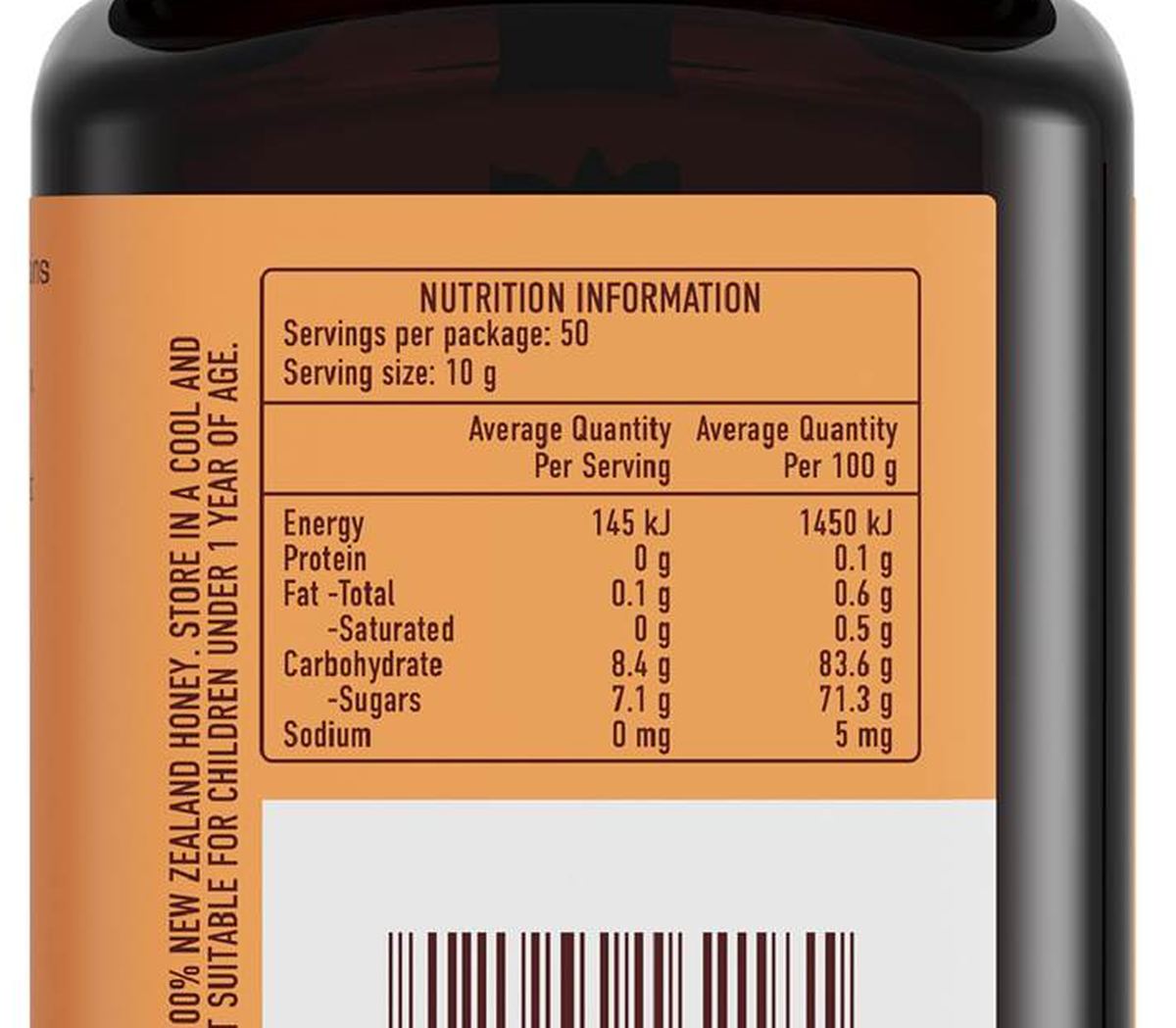 Pack photograph of Egmont Manuka Honey Multifloral MGO 50+ 500g showing the printed nutrition panel