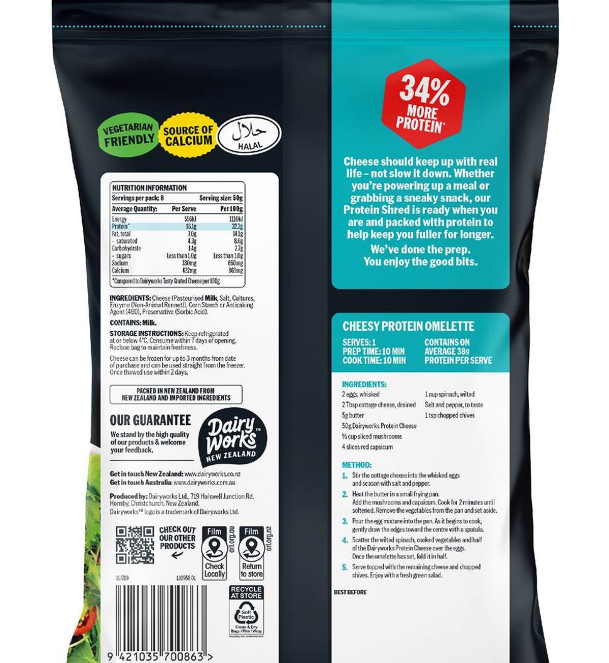 Pack photograph of Dairyworks Grated Protein Cheese 400g showing the printed nutrition panel