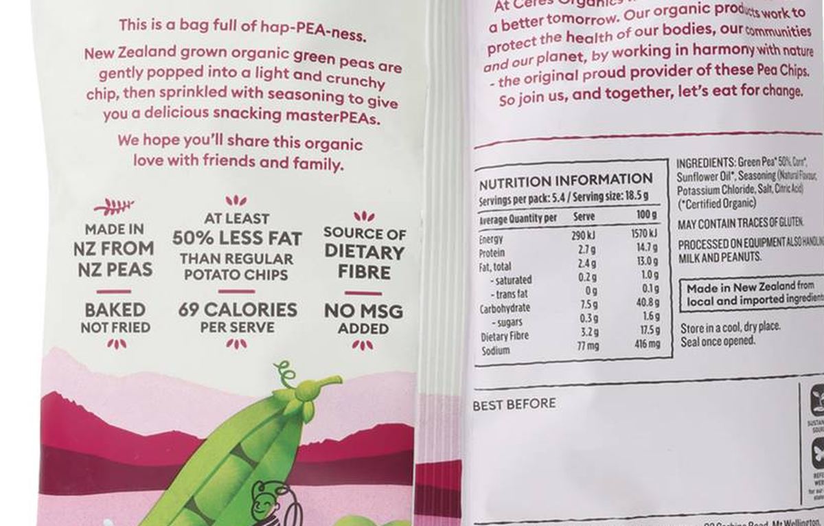 Pack photograph of Ceres Organics Pea Chips Salt & Vinegar 100g showing the printed nutrition panel