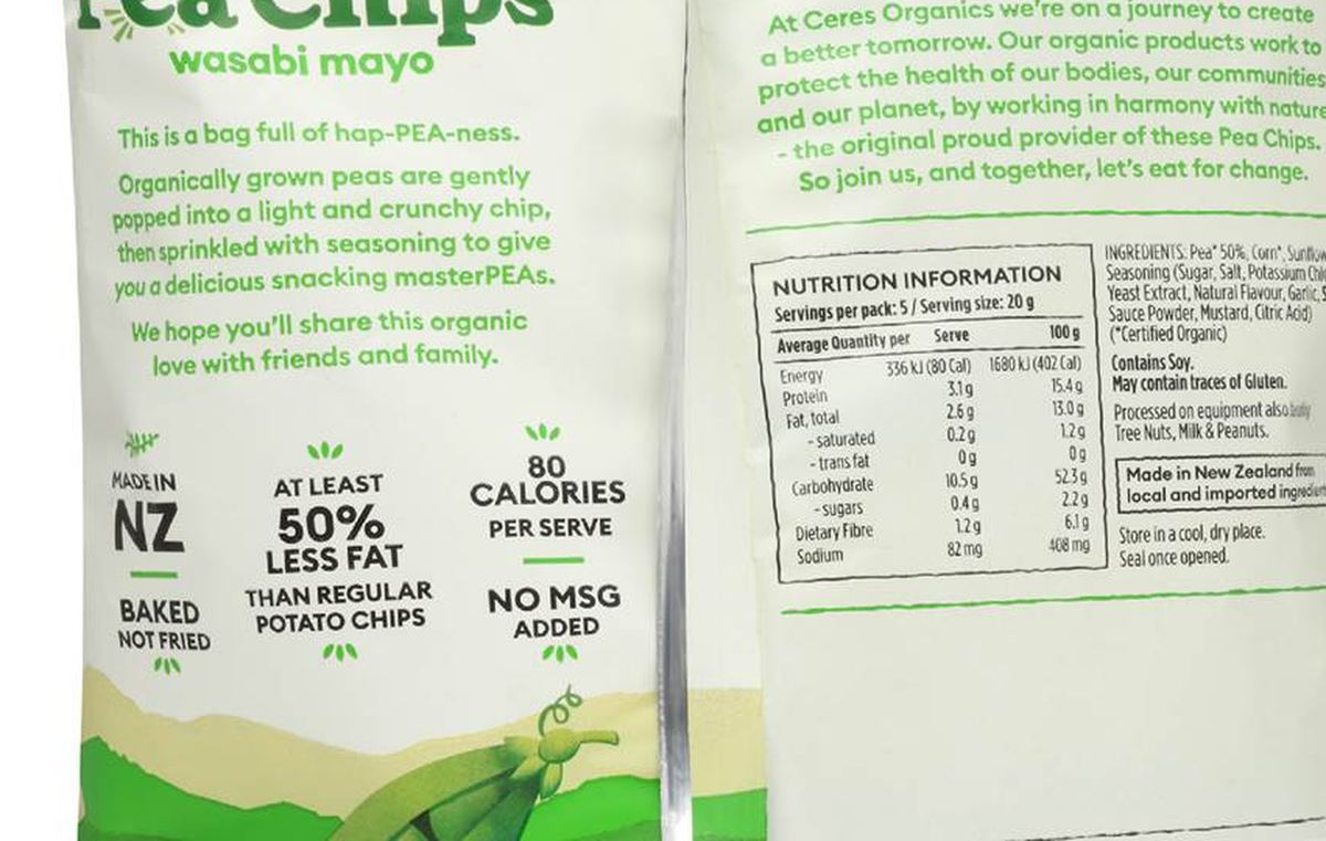 Pack photograph of Ceres Organics Pea Chips Wasabi Mayo 100g showing the printed nutrition panel