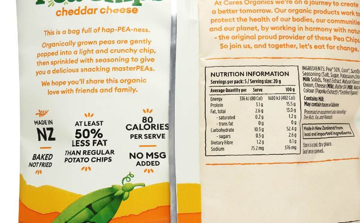 Pack photograph of Ceres Organics Pea Chips Cheddar Cheese 100g showing the printed nutrition panel