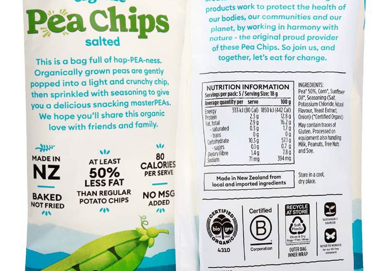 Pack photograph of Ceres Organics Pea Chips Salted 18g x 5 pack showing the printed nutrition panel