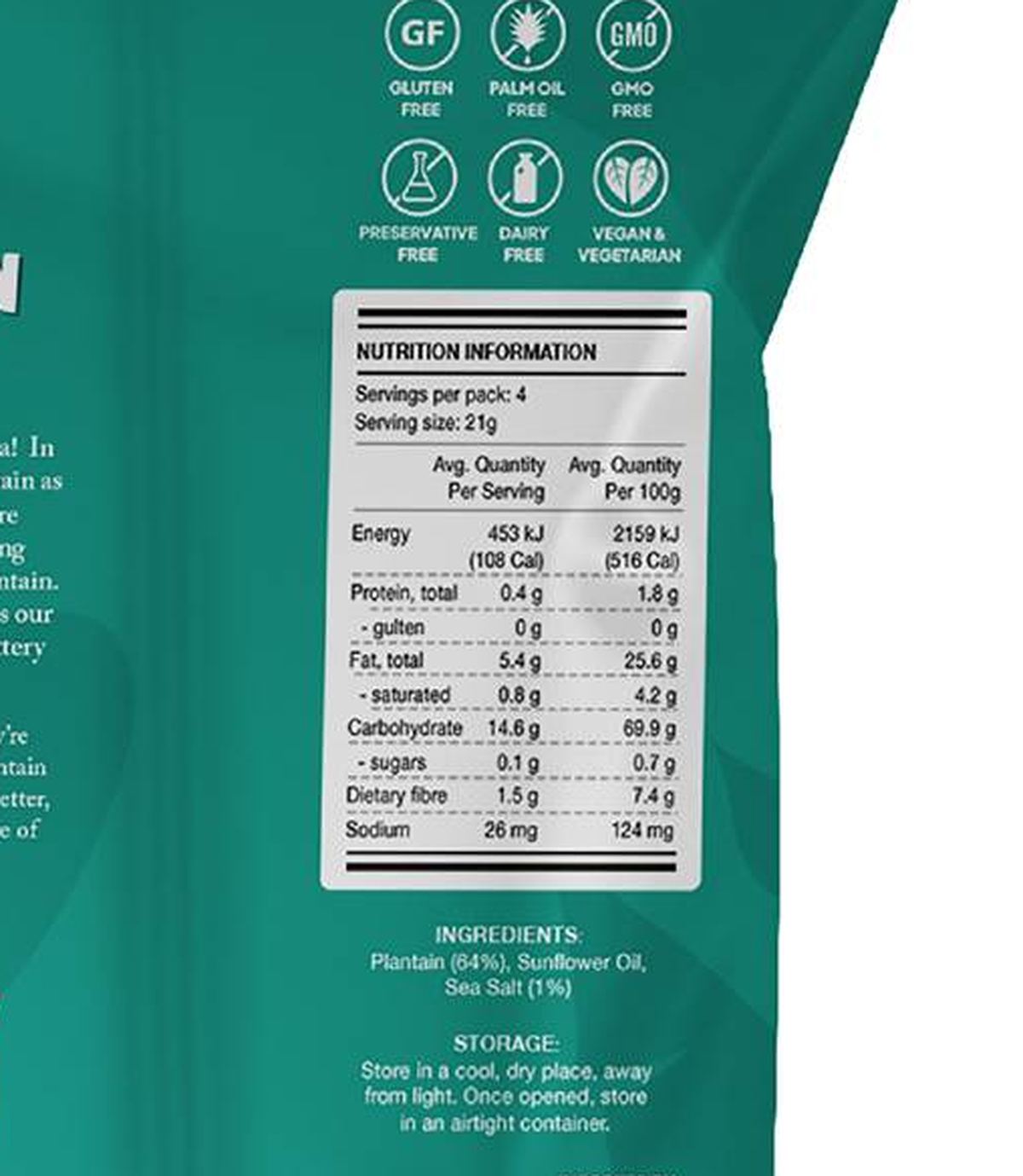 Pack photograph of Macy and Tailor Plantain Chips Sea Salt 85g showing the printed nutrition panel