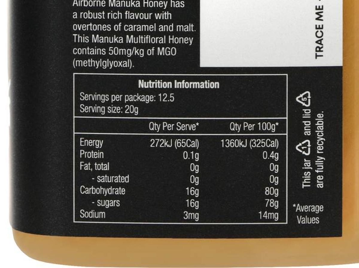 Pack photograph of Airborne Manuka Honey Jar MGO 50+ 250g showing the printed nutrition panel