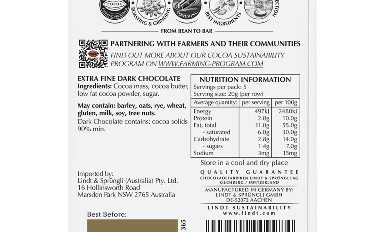Pack photograph of Lindt Excellence 90% Cocoa Dark Chocolate Block 100g showing the printed nutrition panel